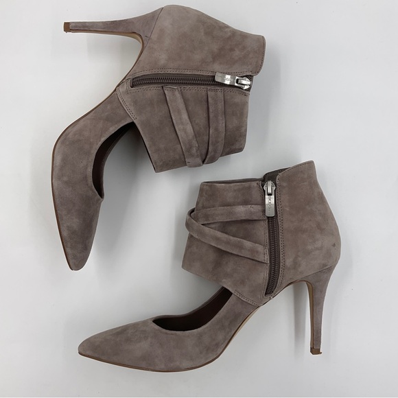 BCBGeneration Suede Zip Ankle Bootie Heels Cut Out Buckle Strap Taupe Warm Grey - Picture 9 of 16